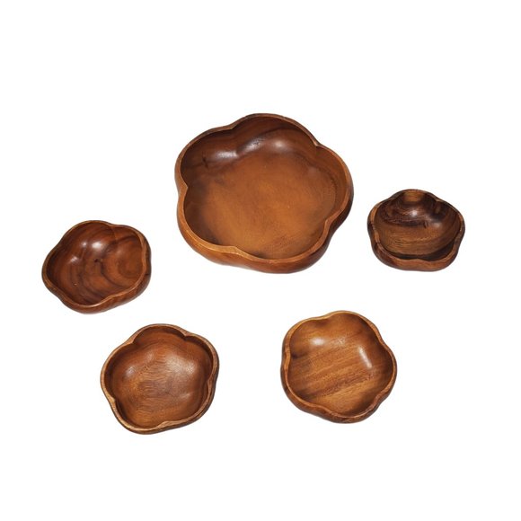 Vintage Other - VTG MCM Teakwood Wood Flower Salad Bowl 5/pc Set Pasta Serving Fruit